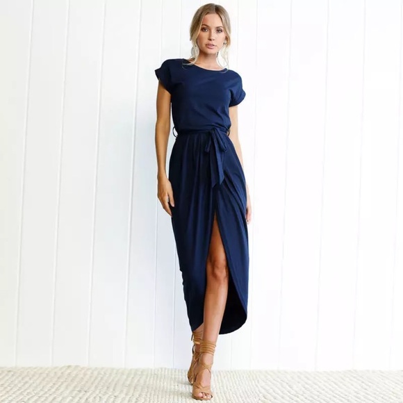 💥 CLEARANCE Tie Waist Rolled Short Sleeve Long Faux Wrap Front Slit Maxi Dress - Picture 3 of 8